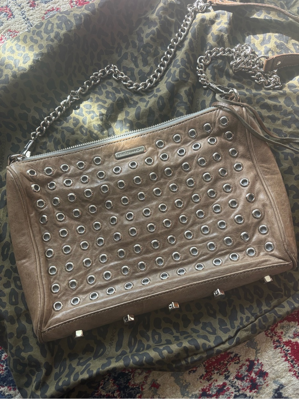 Rebecca Minkoff Studded Grey Leather Crossbody Bag with Silver Eyelet